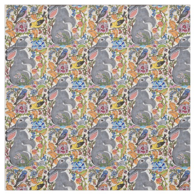 Jacobean Floral Bunny Rabbit Birds Designer Fabric (Swatch)
