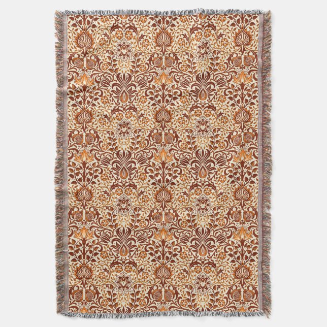 Jacobean Floral Damask, Beige and Chocolate Brown Throw Blanket (Front Vertical)