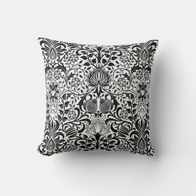 Jacobean Floral Damask, Black, White and Grey  Cushion (Front)