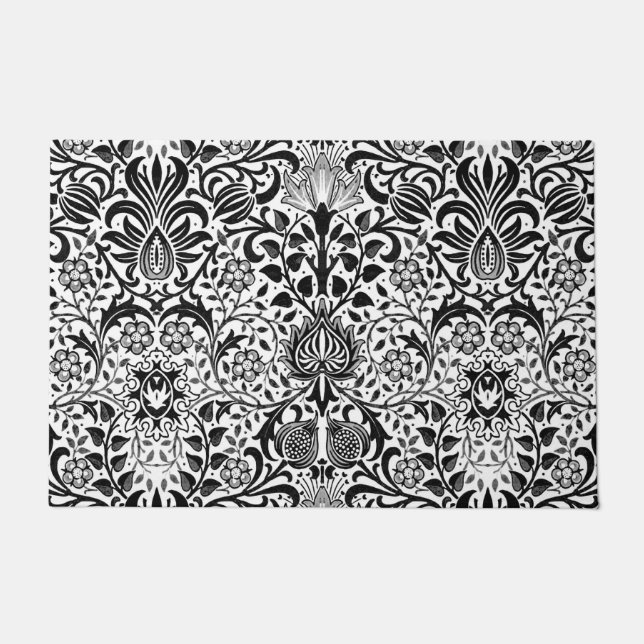 Jacobean Floral Damask, Black, White and Grey  Doormat (Front)
