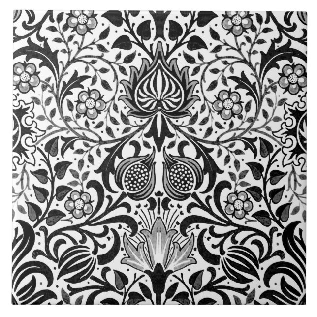 Jacobean Floral Damask, Black, White and Grey  Tile (Front)