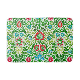 Jacobean Floral Damask, Green and Coral Red Bath Mat