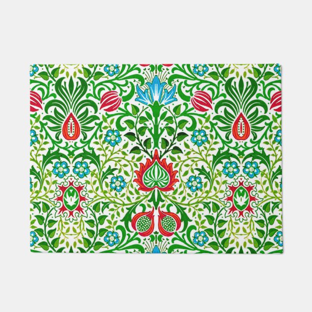 Jacobean Floral Damask, Green and Coral Red Doormat (Front)