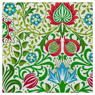 Jacobean Floral Damask, Green and Coral Red Fabric