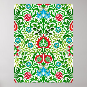 Jacobean Floral Damask, Green and Coral Red Poster
