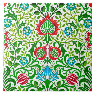 Jacobean Floral Damask, Green and Coral Red Tile