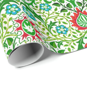 Jacobean Floral Damask, Green and Coral Red Wrappi Wrapping Paper