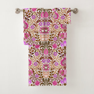 Jacobean Floral Damask, Pink, Violet and Brown Bath Towel Set