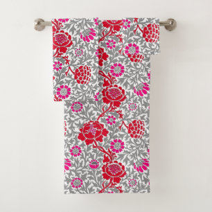 Jacobean Floral , Deep Red Pink and Gray Bath Towel Set