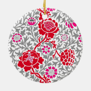 Jacobean Floral, Deep Red, Pink and Grey Ceramic O Tree Decoration