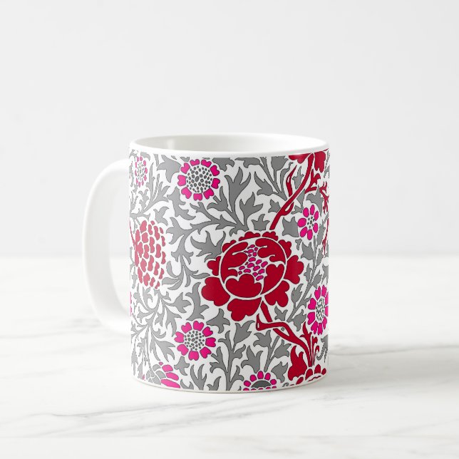 Jacobean Floral , Deep Red Pink and Grey Coffee Mug (Front Left)