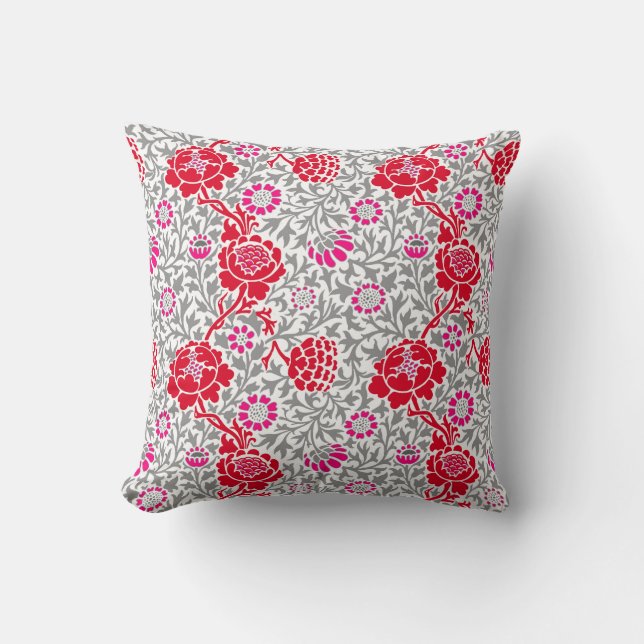 Jacobean Floral, Deep Red, Pink and Grey Cushion (Front)