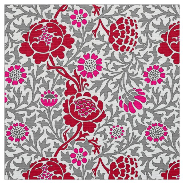 Jacobean Floral , Deep Red Pink and Grey Fabric (Swatch)