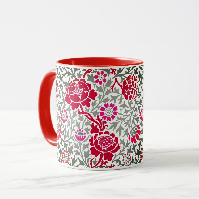 Jacobean Floral, Deep Red, Pink and Grey Mug (Front Left)
