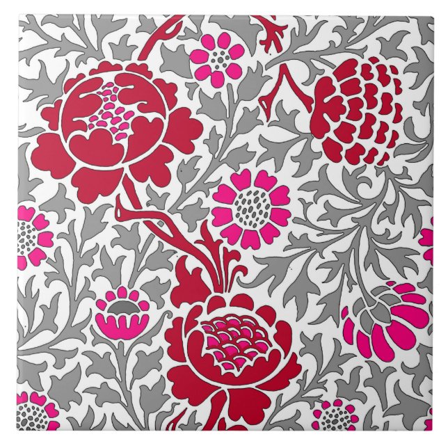 Jacobean Floral , Deep Red Pink and Grey Tile (Front)