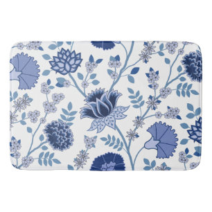 Jacobean Floral Lg Pattern Blue on White Bath Mat