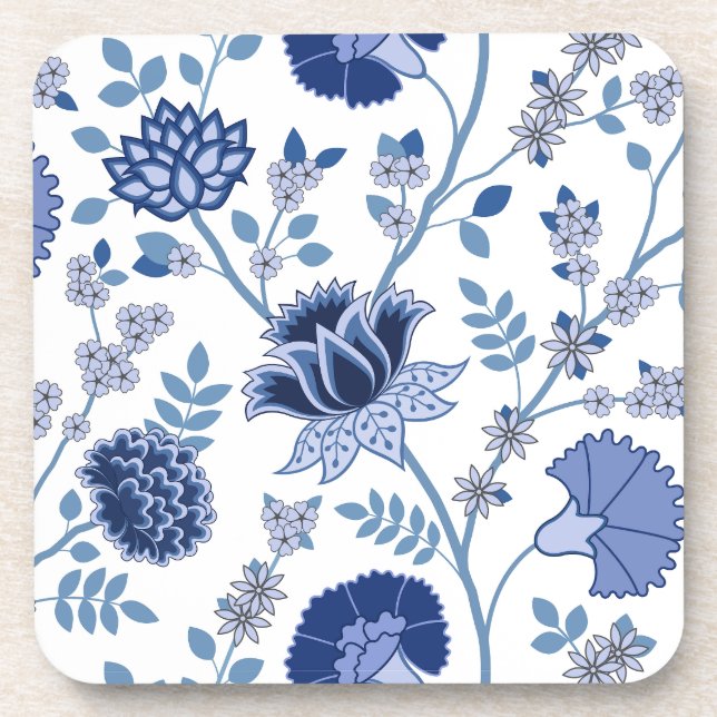 Jacobean Floral Lg Pattern Blue on White Coaster (Front)
