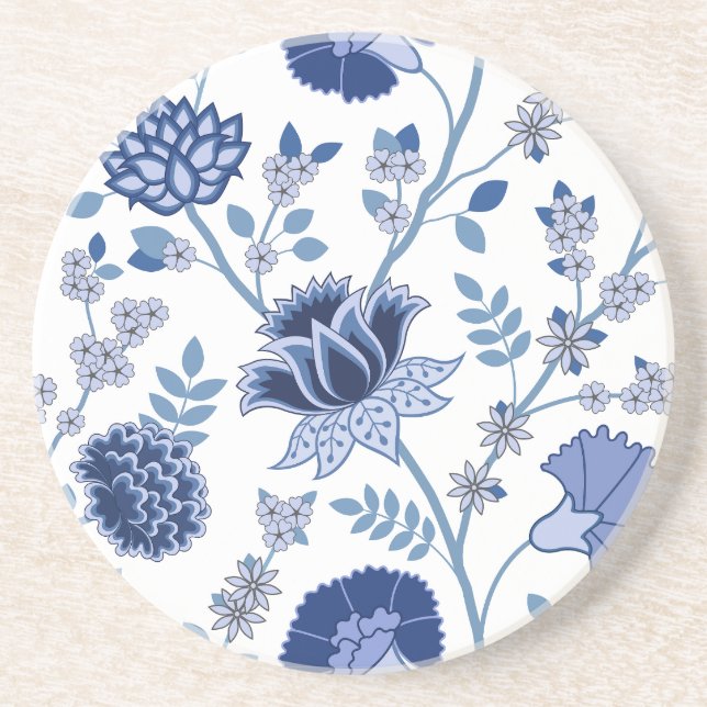 Jacobean Floral Lg Pattern Blue on White Coaster (Front)