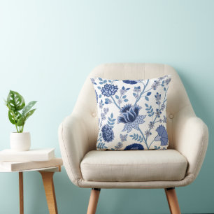 Jacobean Floral Lg Pattern Blue on White Cushion