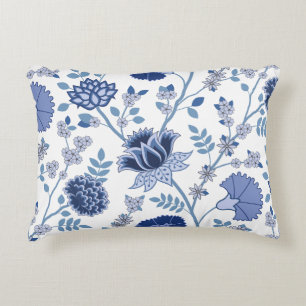 Jacobean Floral Lg Pattern Blue on White Decorative Cushion