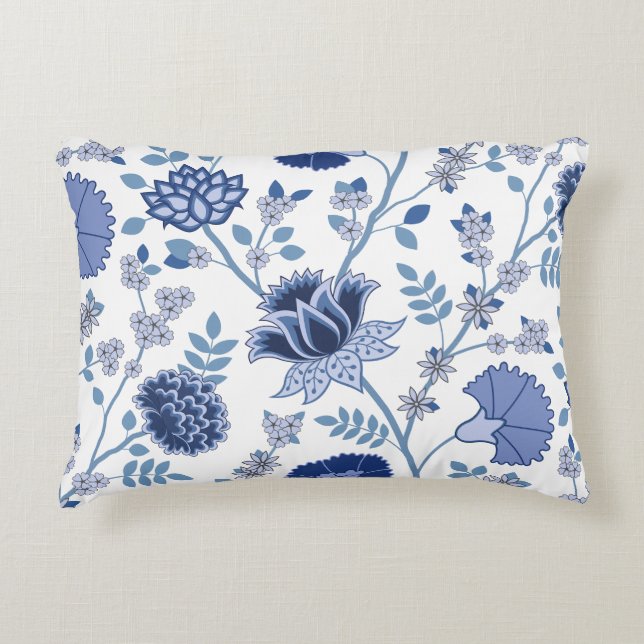 Jacobean Floral Lg Pattern Blue on White Decorative Cushion (Front)