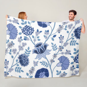 Jacobean Floral Lg Pattern Blue on White Fleece Blanket