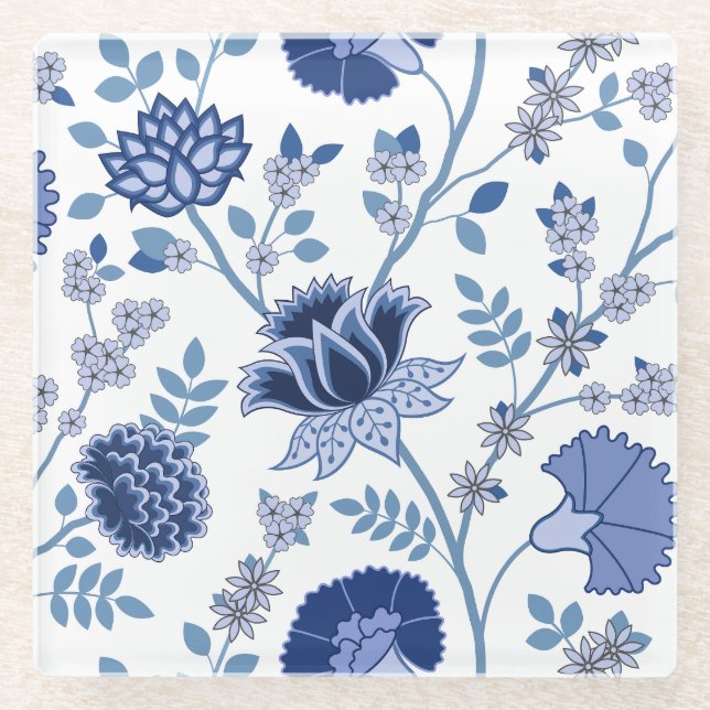 Jacobean Floral Lg Pattern Blue on White Glass Coaster (Front)