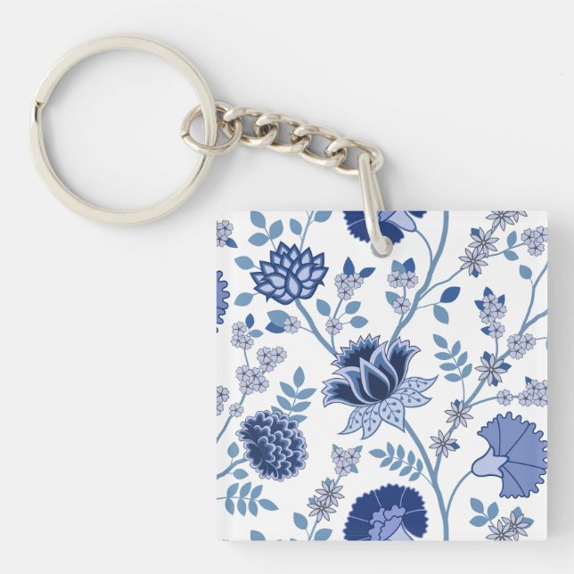 Jacobean Floral Lg Pattern Blue on White Key Ring (Front)