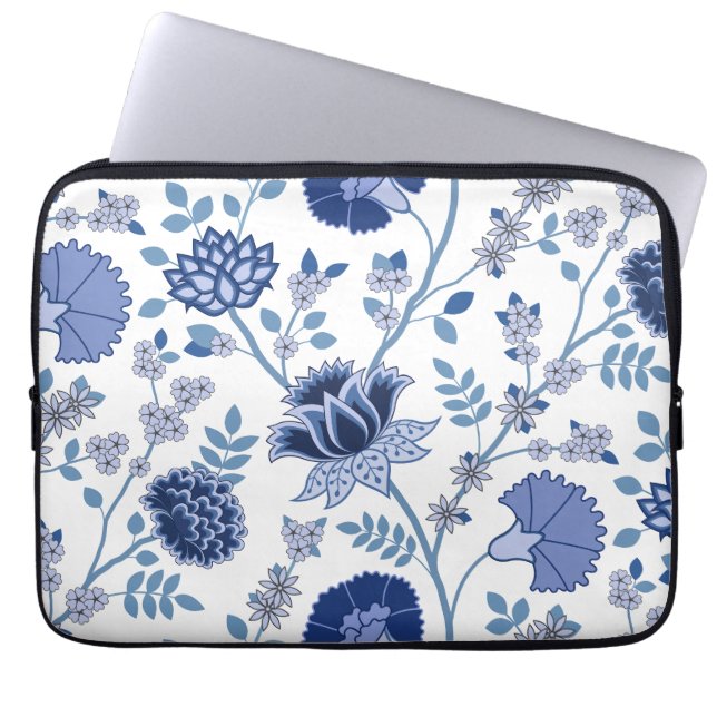Jacobean Floral Lg Pattern Blue on White Laptop Sleeve (Front)