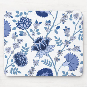 Jacobean Floral Lg Pattern Blue on White Mouse Pad