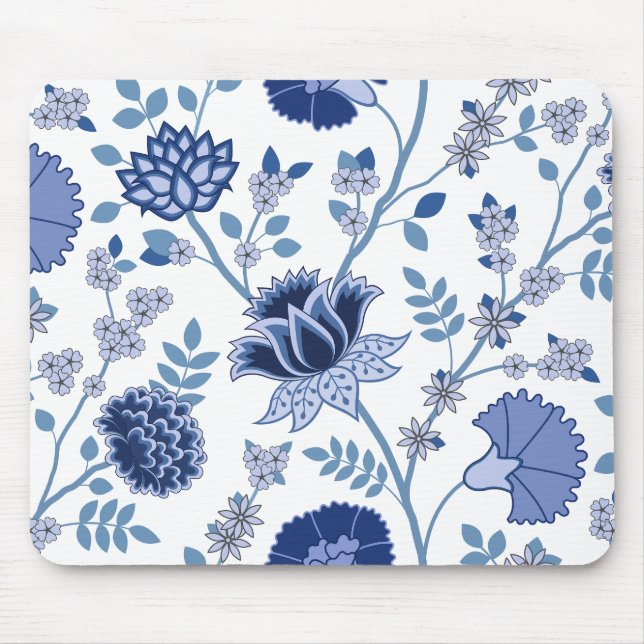 Jacobean Floral Lg Pattern Blue on White Mouse Pad (Front)
