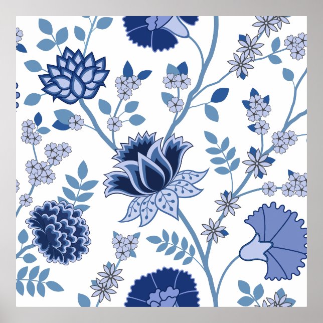 Jacobean Floral Lg Pattern Blue on White Poster (Front)