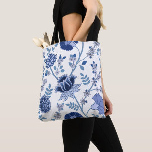 Jacobean Floral Lg Pattern Blue on White Tote Bag