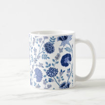 Jacobean Floral Lg Pattern Blues on White