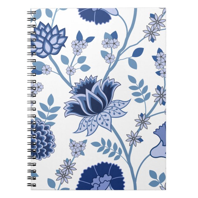 Jacobean Floral Lg Pattern Blues on White Notebook (Front)