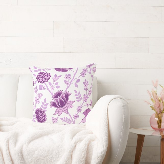 Jacobean Floral Lg Pattern Pinks on White Cushion (Couch)