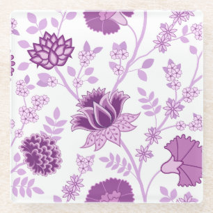 Jacobean Floral Lg Pattern Pinks on White Glass Coaster