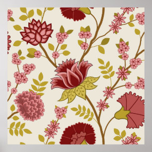 Jacobean Floral Lg Pattern Reds Pinks Gold Cream Poster