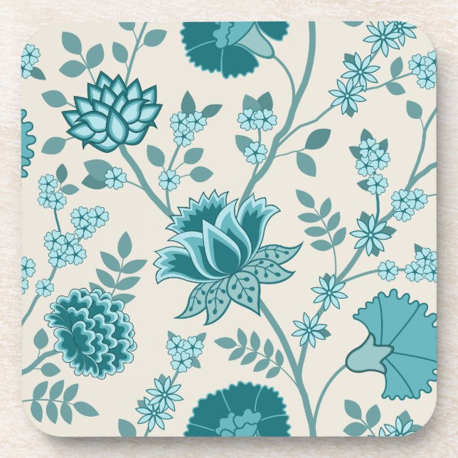 Jacobean Floral Lg Pattern Teals on Cream Coaster (Front)