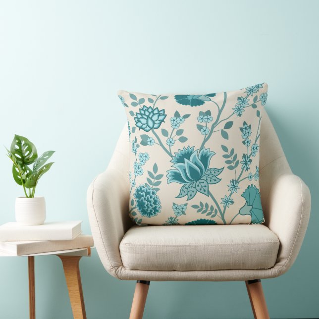 Jacobean Floral Lg Pattern Teals on Cream Cushion (Chair)