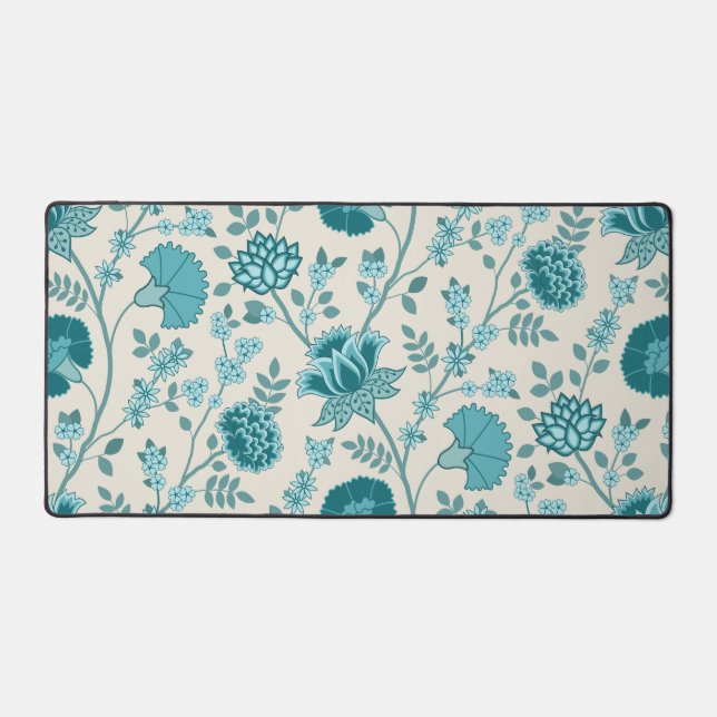 Jacobean Floral Lg Pattern Teals on Cream Desk Mat (Front)