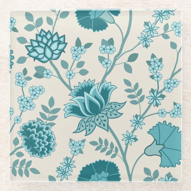 Jacobean Floral Lg Pattern Teals on Cream Glass Coaster (Front)