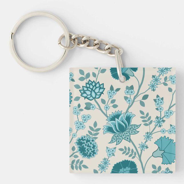 Jacobean Floral Lg Pattern Teals on Cream Key Ring (Front)
