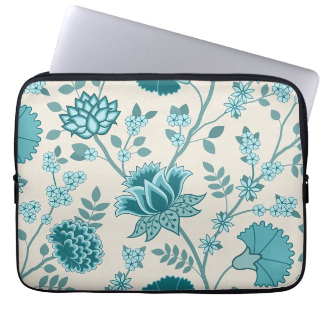 Jacobean Floral Lg Pattern Teals on Cream Laptop Sleeve (Front)