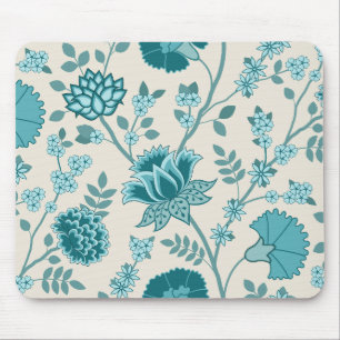 Jacobean Floral Lg Pattern Teals on Cream Mouse Pad