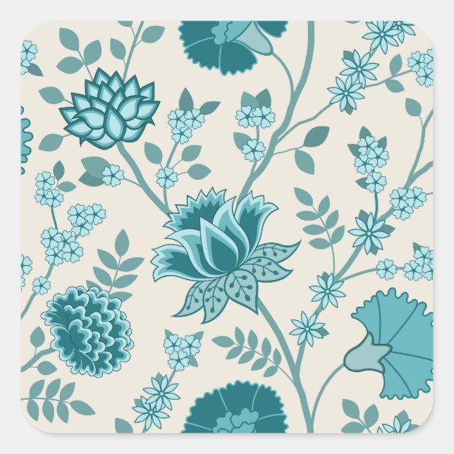 Jacobean Floral Lg Pattern Teals on Cream Square Sticker (Front)