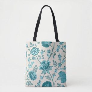 Jacobean Floral Lg Pattern Teals on Cream Tote Bag