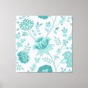 Jacobean Floral Lg Pattern Teals on White Canvas Print