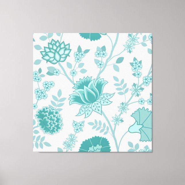Jacobean Floral Lg Pattern Teals on White Canvas Print (Front)