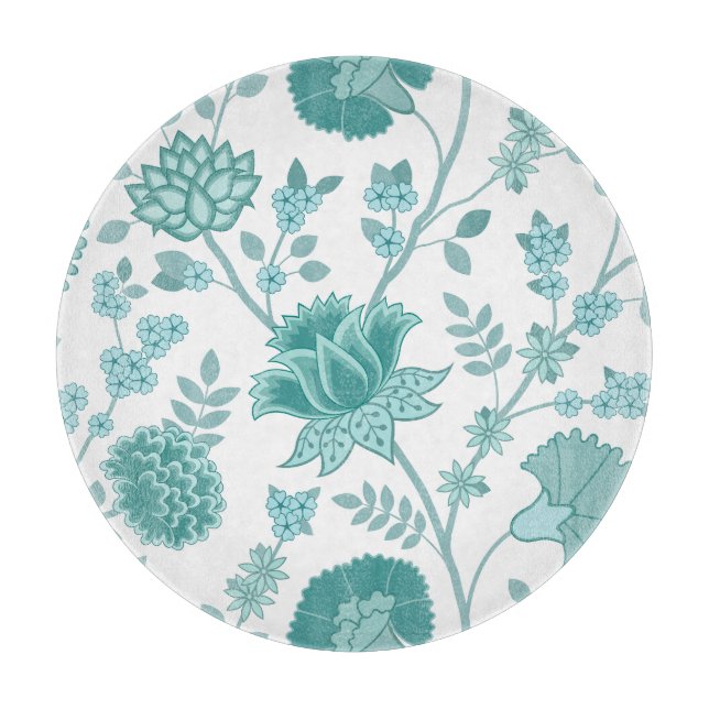Jacobean Floral Lg Pattern Teals on White Cutting Board (Front)